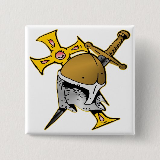 Crusader Helmet Cross en Sword Vierkante Button 5,1 Cm (Voorkant)