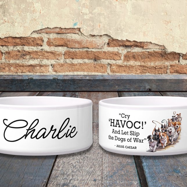 "Cry Havoc" Quote Minimalistische Waterverf Honden Voerbakje (Creator heeft geüpload)