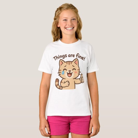 Crying Cat Sticker - "Het gaat goed!" grappige kar T-shirt (Voorkant volledig)