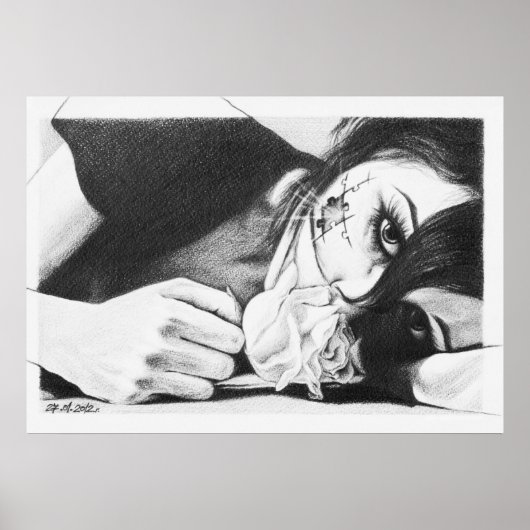 Crying girl with rose Surreal drawing art Poster (Voorkant)
