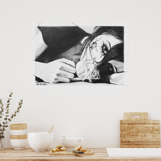Crying girl with rose Surreal drawing art Poster (Keuken)