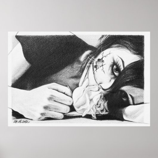Crying girl with rose Surreal drawing art Poster (Voorkant)