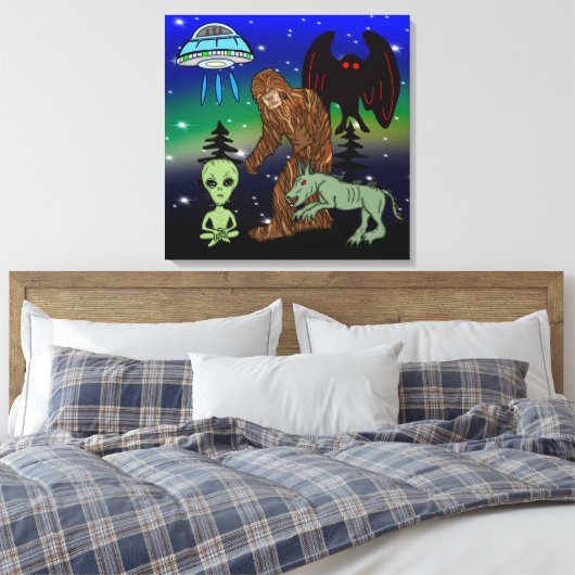 Cryptid Big Foot Alien Mothman UFO Chupacabra Canvas Afdruk (Insitu (Slaapkamer))