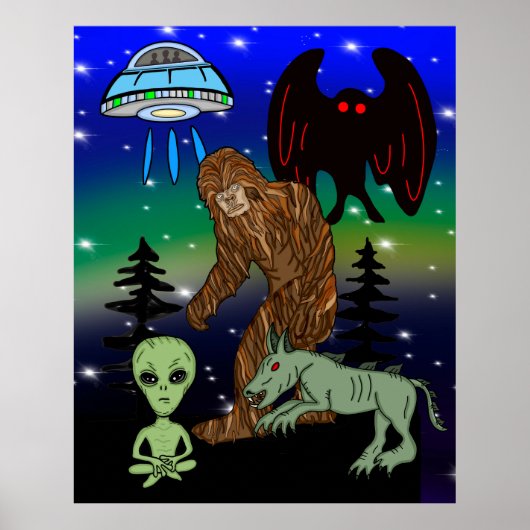 Cryptid Big Foot Alien Mothman UFO Chupacabra Poster (Voorkant)