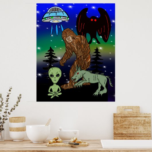 Cryptid Big Foot Alien Mothman UFO Chupacabra Poster (Keuken)