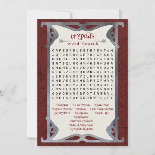 Cryptid Halloween Word Search Printable Party Game Feestdagenkaart (Voorkant)