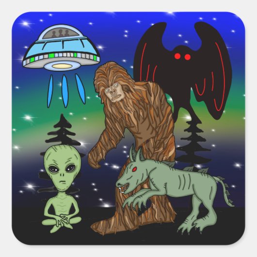 Cryptiden, Bigfoot, Sasquatch, Mothman, Alien, UFO Vierkante Sticker (Voorkant)