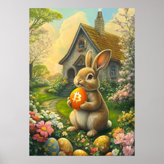 Crypto Easter Bunny Bitcoin Oranje Egg Poster (Voorkant)