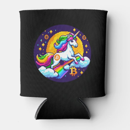 Crypto Magic: 8-bits eenhoorn met Bitcoin-symbool Blikjeskoeler (Voorkant)