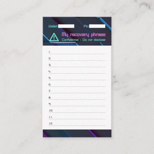 Crypto Wallet Password Recovery Seed Phrase 12 Visitekaartje (Voorkant)