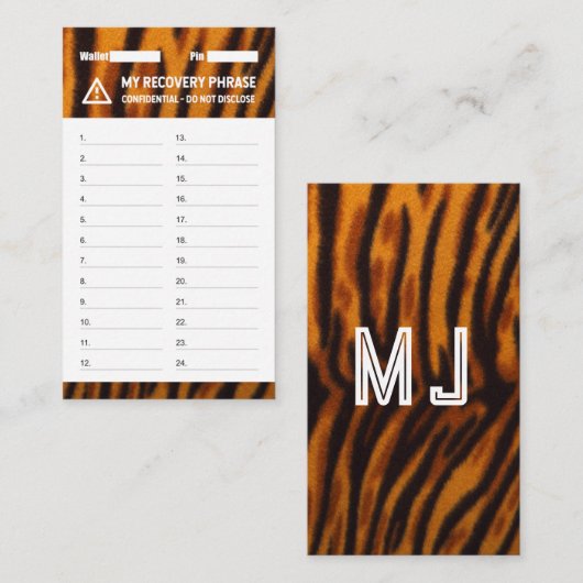 Crypto Wallet Tiger Recovery Seed Phrase 24 Visitekaartje (Voorkant / Achterkant)