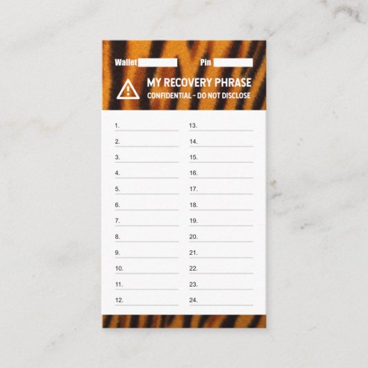 Crypto Wallet Tiger Recovery Seed Phrase 24 Visitekaartje (Voorkant)