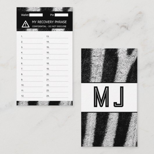 Crypto Wallet Zebra Recovery Seed Phrase 24 Visitekaartje (Voorkant / Achterkant)