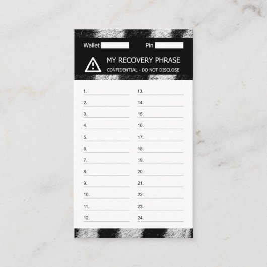 Crypto Wallet Zebra Recovery Seed Phrase 24 Visitekaartje (Voorkant)