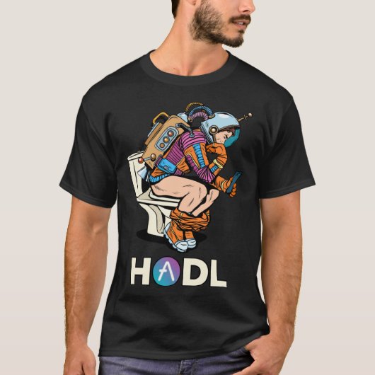 Cryptocurrency Aave HODL Space Man On Toilet Merch T-shirt (Voorkant)
