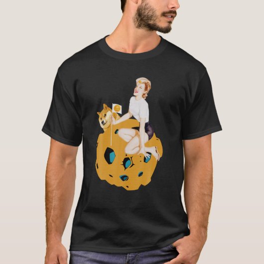 Cryptocurrency Pin-up Girl Hodling Doposto in Doge T-shirt (Voorkant)