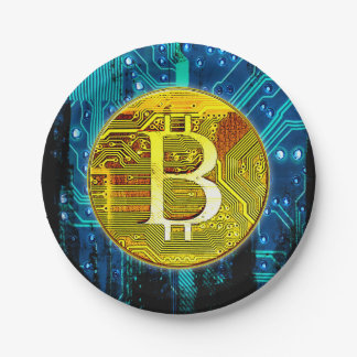Cryptovaluta Bitcoin en printplaat Papieren Bordje