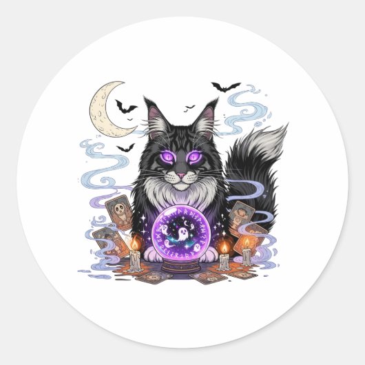 Crystal Ball Coon – Maine Coon Halloween Ronde Sticker (Voorkant)