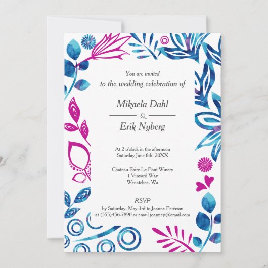 Crystal Blue en Deep Pink bruiloft uitnodiging (Voorkant)