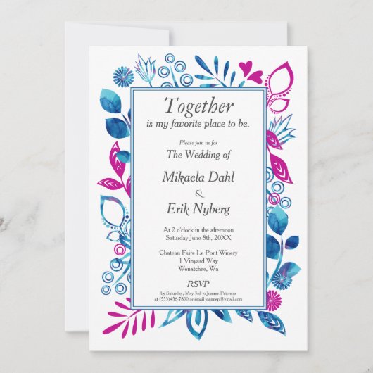 Crystal Blue en Magenta Floral uitnodiging (Voorkant)