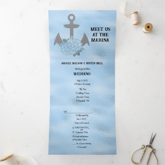 Crystal Blue Marina Style Wedding Drieluik Uitnodiging (Binnen)