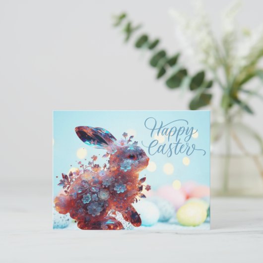 Crystal Bunny met bloemen Pastel Pasen Feestdagenkaart (Staand voorkant)
