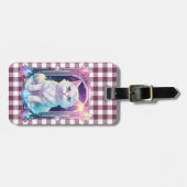 Crystal Cat Paarse zwart geruite schattige witte k Bagagelabel (Voorkant horizontaal)