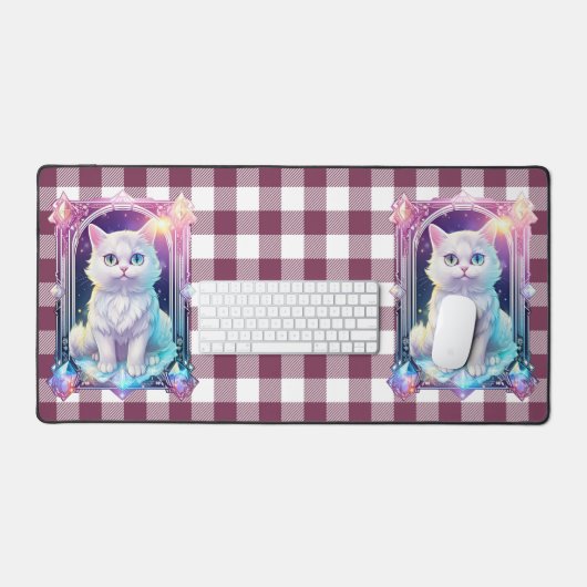 Crystal Cat Paarse zwart geruite schattige witte k Bureaumat (Keyboard & Muis)