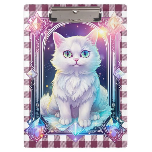 Crystal Cat Paarse zwart geruite schattige witte k Klembord (Voorkant)