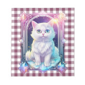 Crystal Cat Paarse zwart geruite schattige witte k Notitieblok (Voorkant)