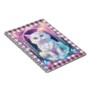 Crystal Cat Paarse zwart geruite schattige witte k Notitieboek
