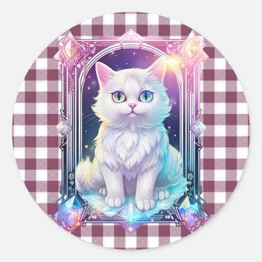 Crystal Cat Paarse zwart geruite schattige witte k Ronde Sticker (Voorkant)
