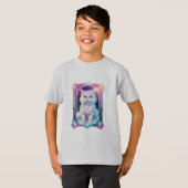 Crystal Cat Paarse zwart geruite schattige witte k T-shirt (Voorkant volledig)