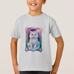 Crystal Cat Paarse zwart geruite schattige witte k T-shirt
