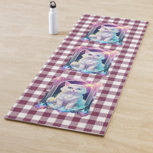 Crystal Cat Paarse zwart geruite schattige witte k Yogamat