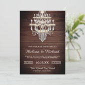 Crystal Chandelier Rustic Wood Huwelijksuitnodigin Kaart (Staand voorkant)