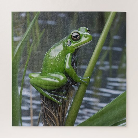 Crystal Clarity: Green Glass Frog op River Reeds Legpuzzel (Verticaal)