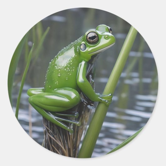 Crystal Clarity: Green Glass Frog op River Reeds Ronde Sticker (Voorkant)