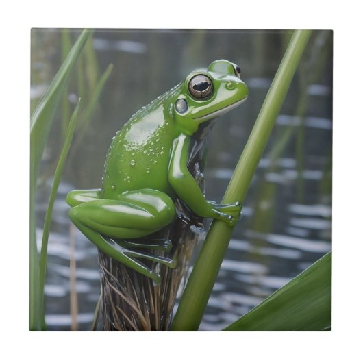 Crystal Clarity: Green Glass Frog op River Reeds Tegeltje (Voorkant)