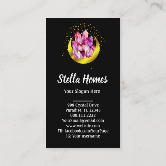  Crystal Cluster Gold Crescent Moon Mystic  Visitekaartje (Achterkant)