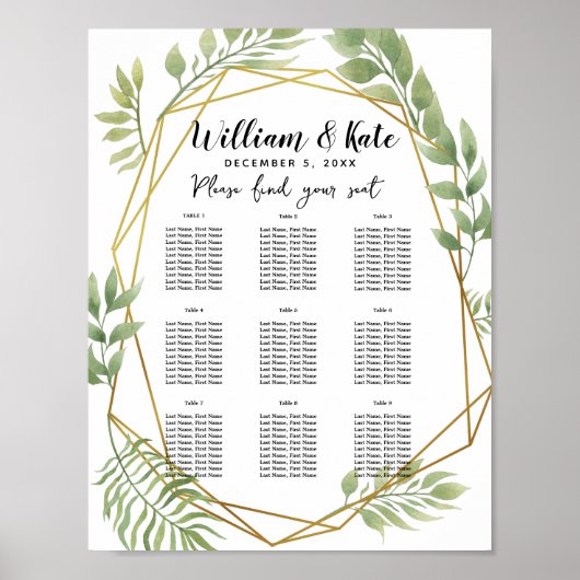 crystal Foliage greenery Table plan party/bruiloft Poster (Voorkant)