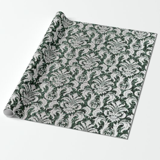 Crystal Glitter Cali Groen Grijs Zilver Damask Cadeaupapier (Uitgerold)