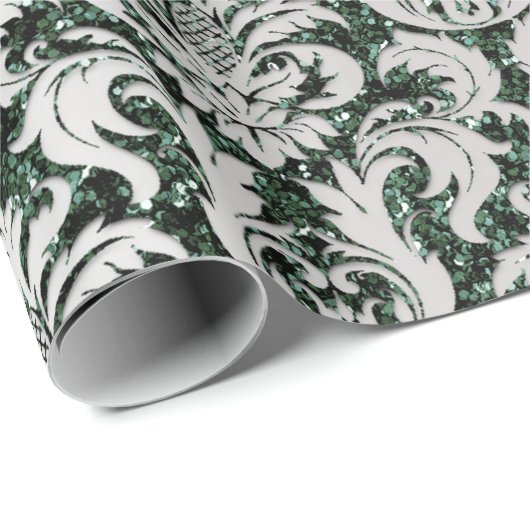 Crystal Glitter Cali Groen Grijs Zilver Damask Cadeaupapier (Rol Hoek)