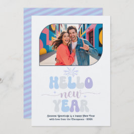 Crystal Glow Hello New Year Blue Retro Photo Feestdagenkaart