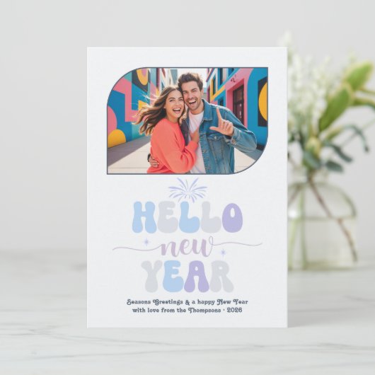 Crystal Glow Hello New Year Blue Retro Photo Feestdagenkaart (Staand voorkant)