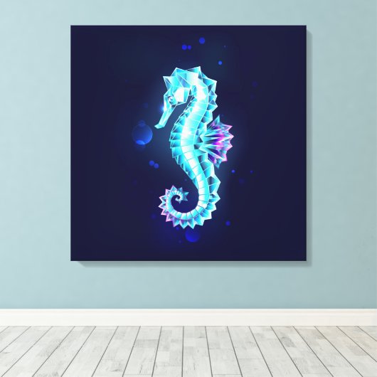 Crystal Ice Seahorse op blauwe achtergrond Canvas Afdruk (Insitu (Houten vloer))