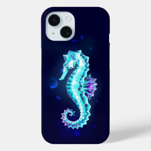 Crystal Ice Seahorse op blauwe achtergrond iPhone 15 Case
