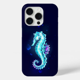Crystal Ice Seahorse op blauwe achtergrond iPhone 15 Pro Case