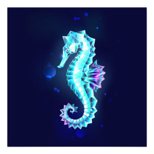 Crystal Ice Seahorse op blauwe achtergrond Foto Afdruk