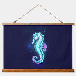 Crystal Ice Seahorse op blauwe achtergrond Hangend Wandkleed